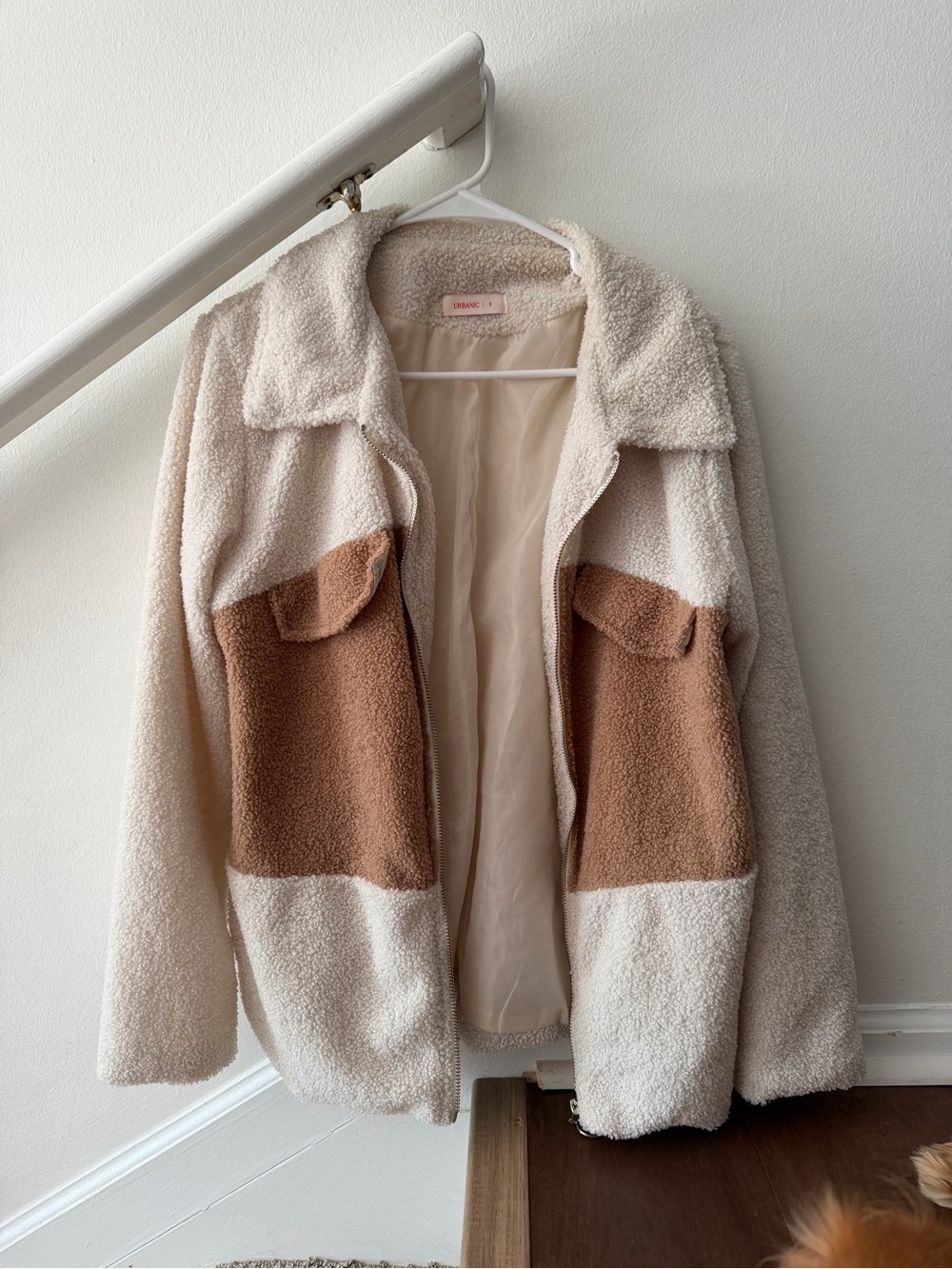 Urban Outfitters Cream and Brown Teddy Sherpa Colorblock Jacket